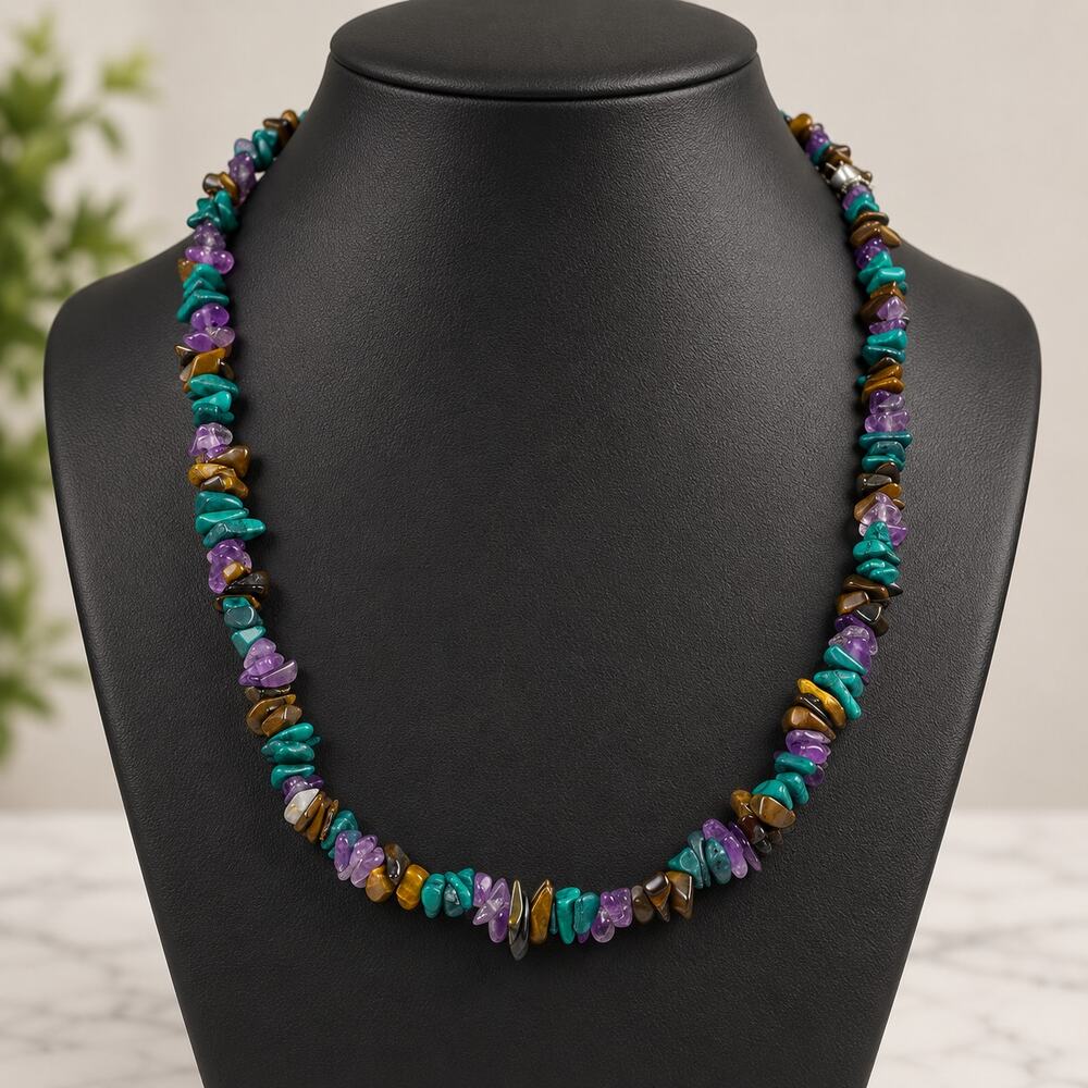 Multicolor Stone Chip Necklace Turquoise Amethyst Tiger Eye Boho 18”